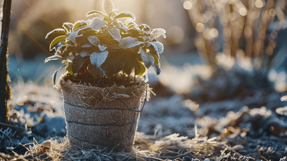 Eine Topfpflanze ist mit Stroh umwickelt und von einer dünnen Schneeschicht überzogen. Sie steht in einem frostigen Garten im Winterlicht, umgeben von Raureif.