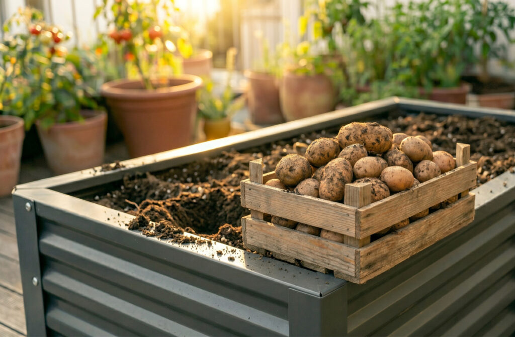 Eine rustikale Holzkiste voller frisch geernteter, erdbehafteter Kartoffeln steht auf dem Rand eines Hochbeets mit umgegrabener Erde.