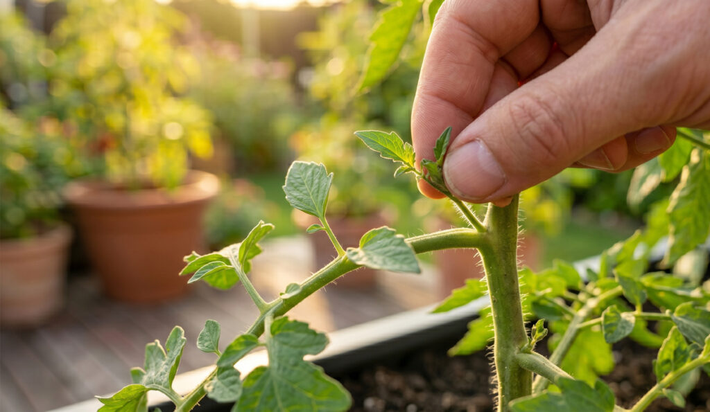 Nahaufnahme einer Hand, die einen kleinen Seitentrieb (Geiztrieb) aus der Blattachsel einer Tomatenpflanze herausbricht.