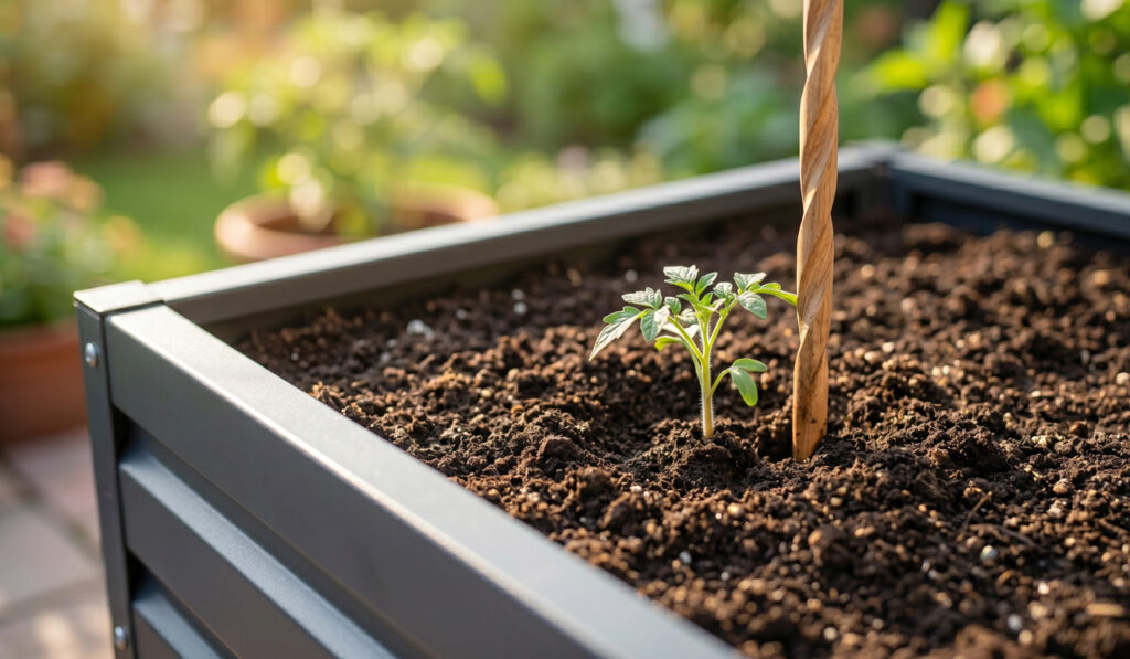 Ein kleiner, junger Tomatensetzling frisch gepflanzt in der dunklen Erde eines Hochbeets neben einer gedrehten Rankhilfe aus Holz.
