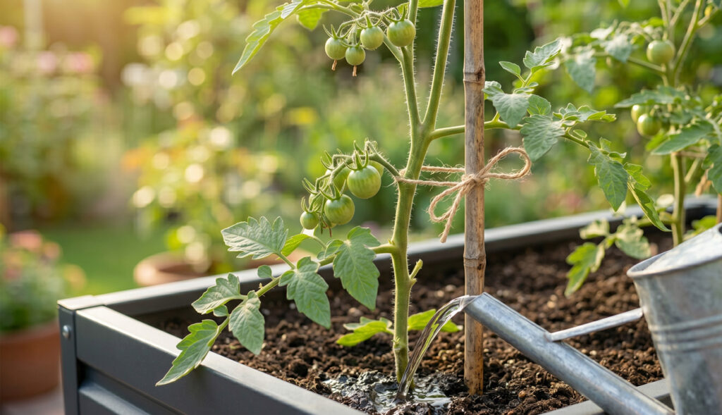 Eine Tomatenpflanze mit unreifen, grünen Früchten in einem Hochbeet wird mit einer Gießkanne direkt am Boden bewässert.