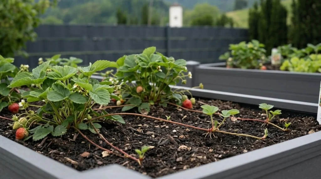 Nahaufnahme von Erdbeerpflanzen in einem Hochbeet. Lange, rötliche Ausläufer (Ableger) erstrecken sich über die dunkle Erde und bilden neue kleine Pflänzchen, die im Boden Wurzeln schlagen.