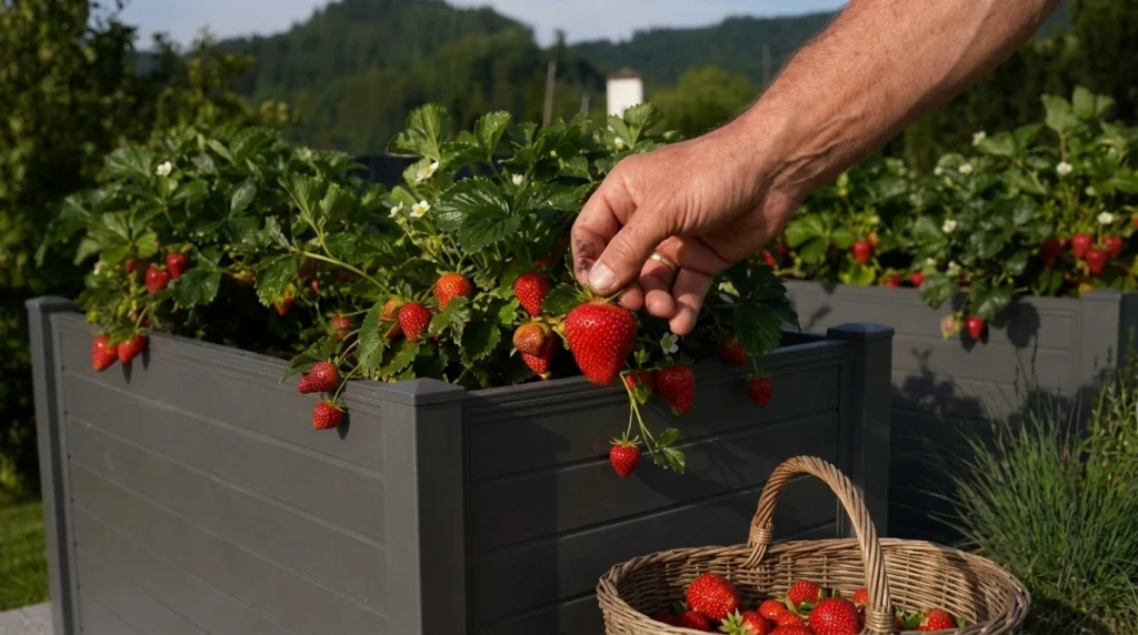 Eine Hand pflückt eine große, reife, rote Erdbeere von einer üppigen Pflanze in einem grauen Hochbeet. Im Vordergrund steht ein geflochtener Weidenkorb voller frisch geernteter Erdbeeren.