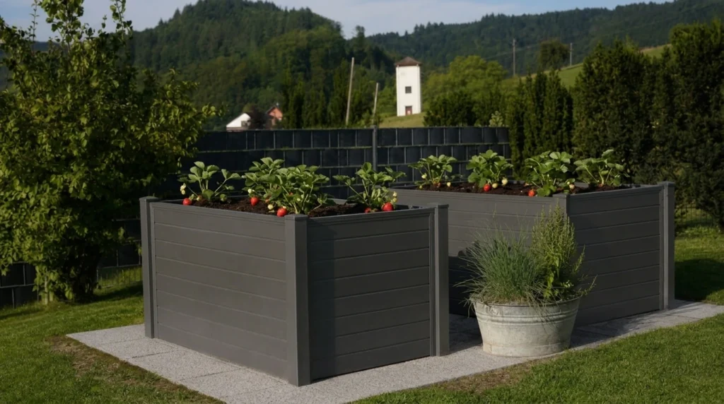Zwei anthrazitfarbene Hochbeete in einem grünen Garten, bepflanzt mit heranwachsenden Erdbeerpflanzen, an denen bereits die ersten roten Früchte reifen. Neben den Beeten steht ein Zinkkübel mit Kräutern.