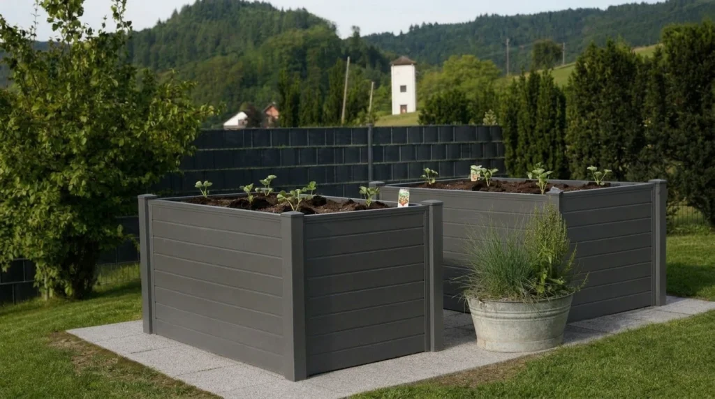 Zwei moderne, anthrazitfarbene Hochbeete aus Aluminium stehen nebeneinander auf einer gepflasterten Fläche im grünen Garten und sind frisch mit kleinen Erdbeersetzlingen bepflanzt.