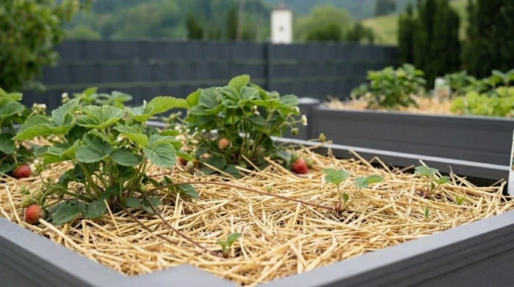 Erdbeerpflanzen in einem Hochbeet, bei denen die Erde vollständig mit einer schützenden Schicht aus hellem Stroh gemulcht ist. Lange Ausläufer wachsen über dem Stroh.